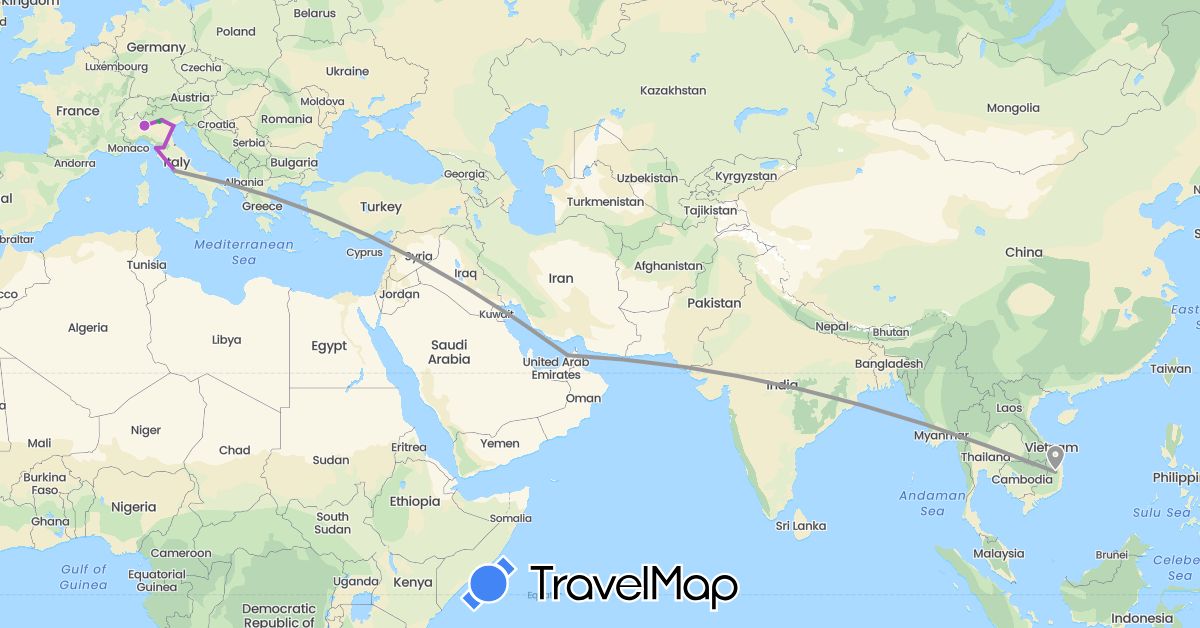TravelMap itinerary: driving, bus, plane, train in United Arab Emirates, Italy, Vietnam (Asia, Europe)
